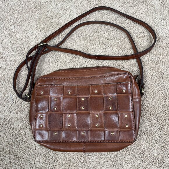 Brown Leather Purse Woven Bronze Studded Crossbody Bag Boho Soft Made in India - Picture 3 of 8